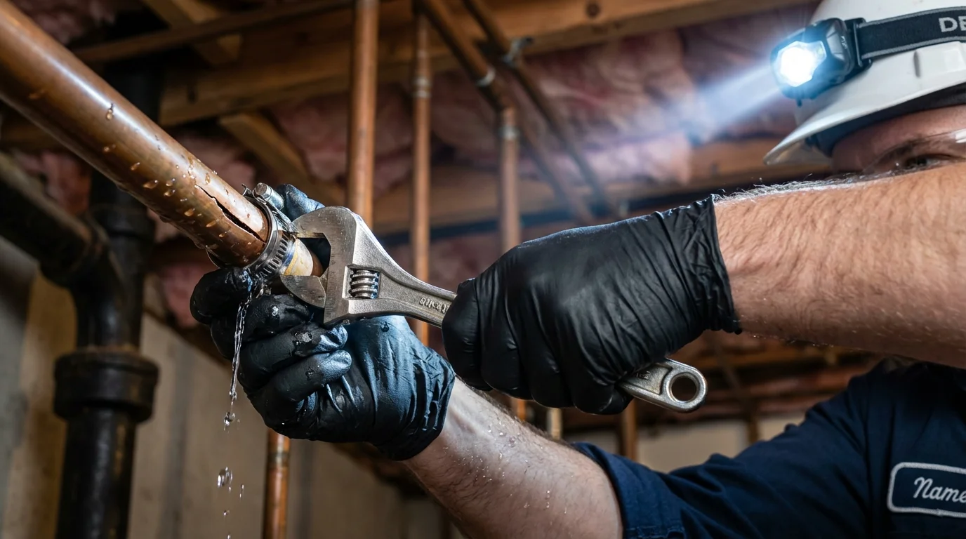 Emergency pipe clamp repair being performed by a Johns Plumbing LLC plumber in Saint Peters