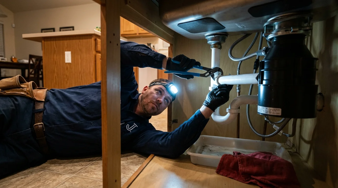 P-trap and supply line connections under a kitchen sink showing a common leak point in Saint Peters, MO